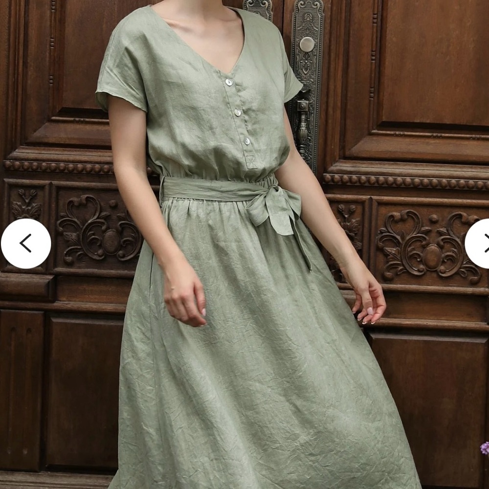 100 % Linen Maxi Dress Size Small Sage Green